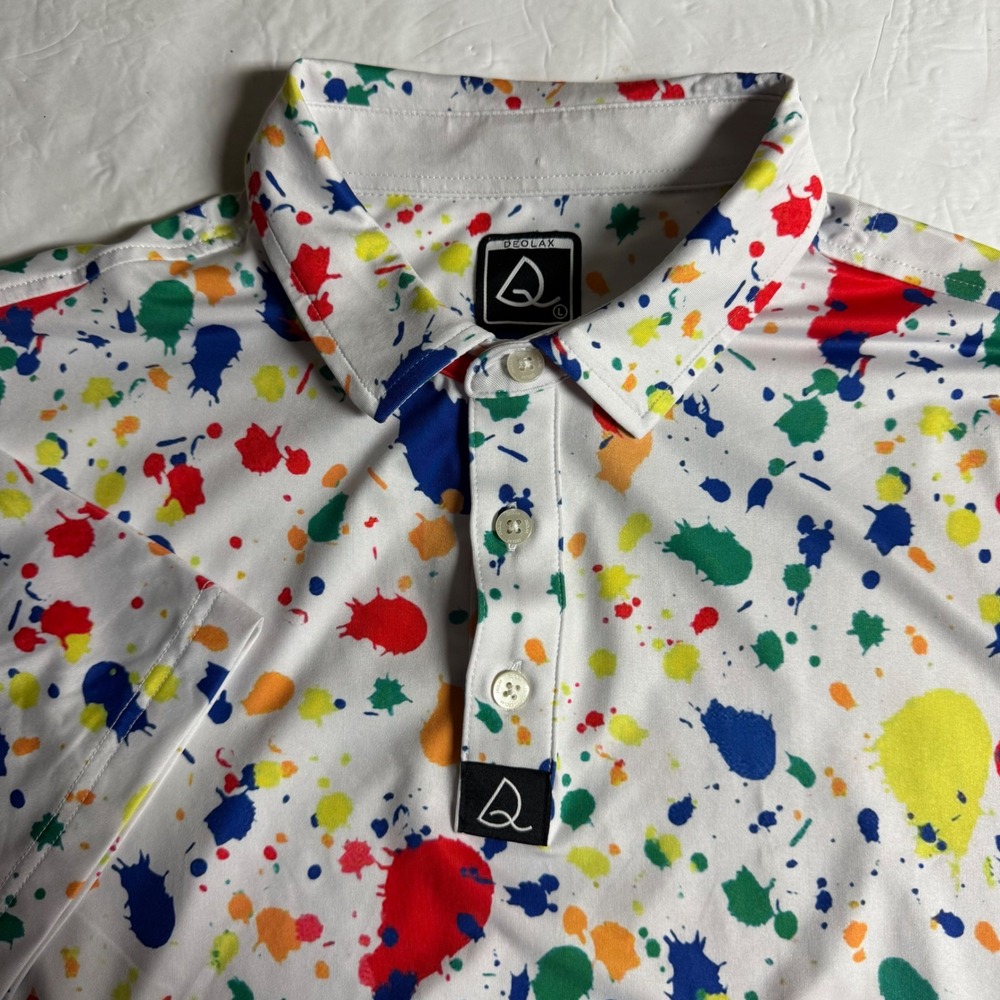 Deolax Mens Paint Splatter Polo Shirt‎ White Multi Color Short Sleeve Golf Large